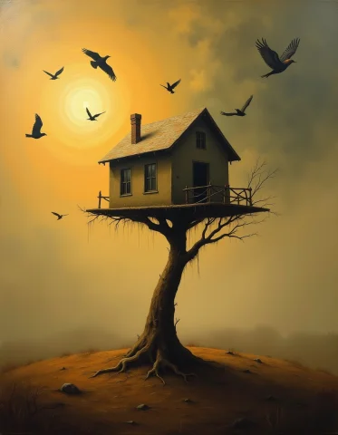 A Surrealist Oil Painting Of A Fragile Hut Balancing Precari... — Stable Diffusion AI Prompt: A surrealist oil painting of a fragile hut balancing precariously on a single th...
