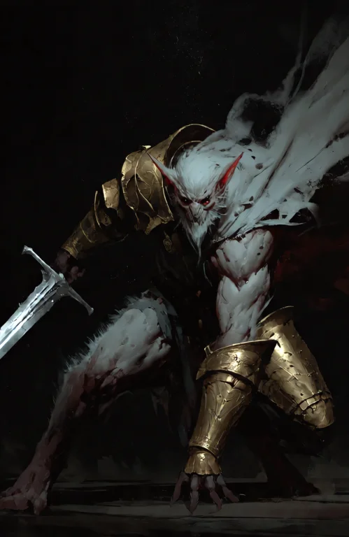 Creature Stands In A Wide, Low-crouched Combat Stance Agains...