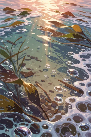 The Surrounding Water Churns With Floating Debris, Scattered... — Stable Diffusion AI Prompt: The surrounding water churns with floating debris, scattered kelp fronds, drifti...