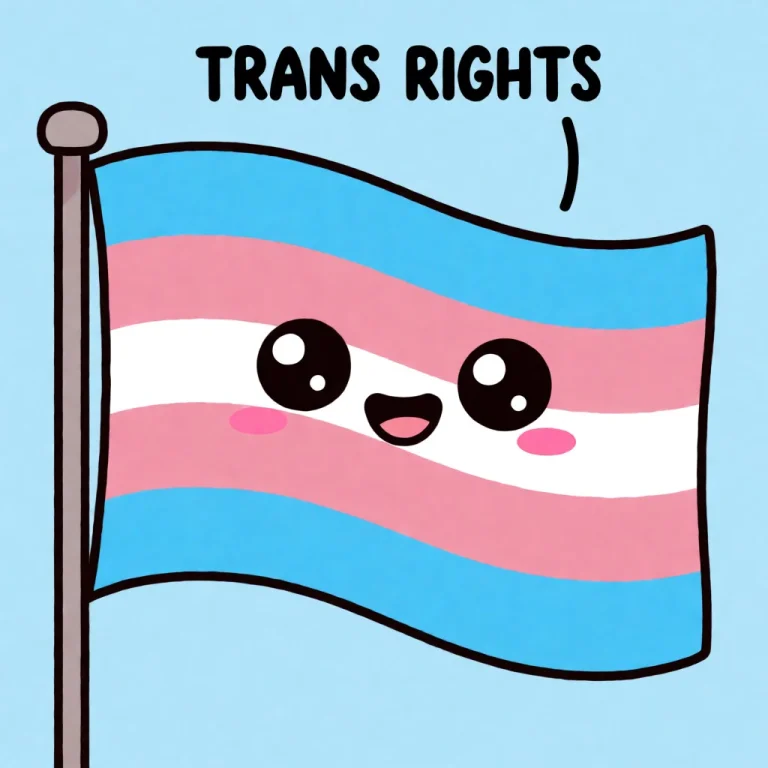A Cartoon Transgender Pride Flag With A Cute Face Saying Tra...