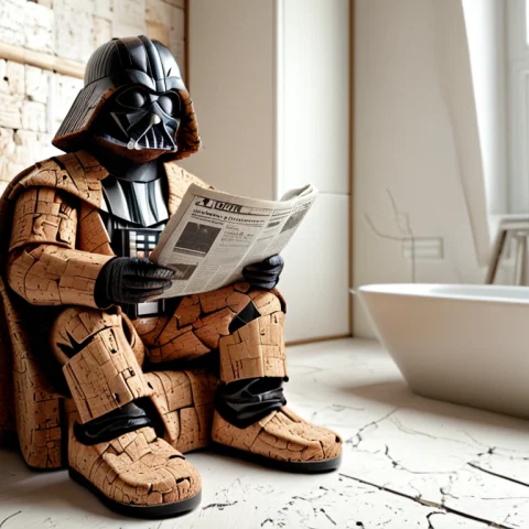 Corkworld, Darth Vader Made Of Cork Sitting On A Toilet Read... — SDXL AI Prompt: corkworld, Darth Vader made of cork sitting on a toilet reading a newspaper, flu...
