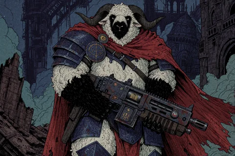An Adult Anthropomorphic Valais Blacknose Sheep Veteran Stan... — Stable Diffusion AI Prompt: An adult anthropomorphic Valais Blacknose sheep veteran stands amidst the jagged...