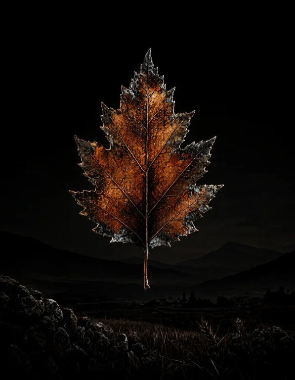 A Single Autumn Leaf Suspended Against A Black Background Wi...