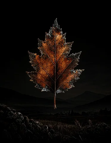 A Single Autumn Leaf Suspended Against A Black Background Wi... — Stable Diffusion AI Prompt: a single autumn leaf suspended against a black background with orange veins and...
