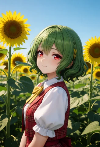 A Young Woman With Short, Wavy Green Hair And Red Eyes Looks... — Stable Diffusion AI Prompt: A young woman with short, wavy green hair and red eyes looks back over her shoul...