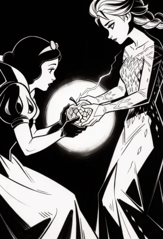 Snow White And Elsa Are Locked In A Precarious, Silent Tug-o... — Stable Diffusion AI Prompt: Snow White and Elsa are locked in a precarious, silent tug-of-war over a single,...