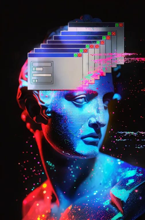 Pixelated Classical Bust In Neon Blue And Cyan Digital Noise...