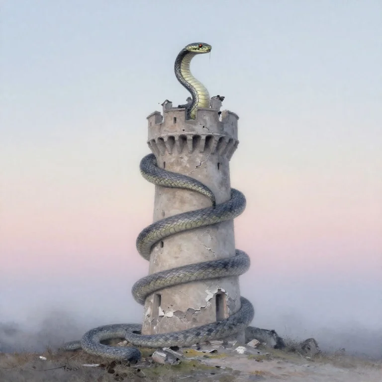 A Serpent Coiled Around A Crumbling Watchtower, Ink Wash Pai...