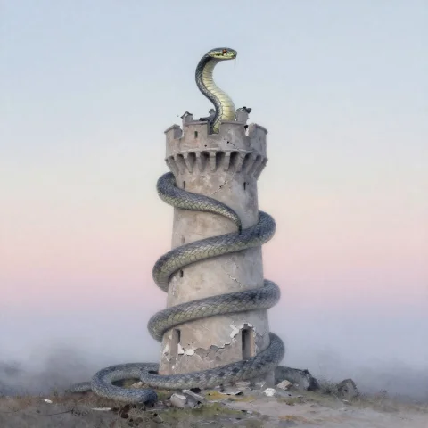 A Serpent Coiled Around A Crumbling Watchtower, Ink Wash Pai... — Stable Diffusion AI Prompt: a serpent coiled around a crumbling watchtower, ink wash painting, misty light,...