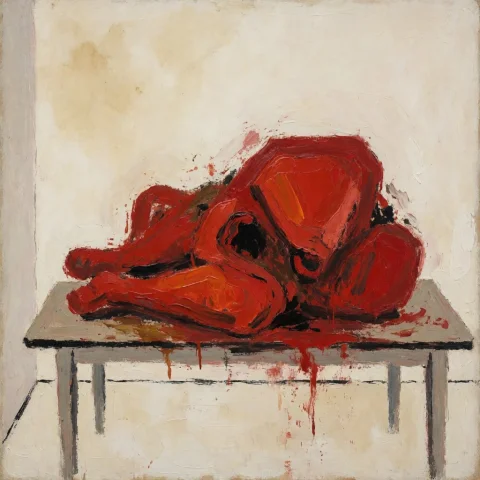 A Raw, Unsettling Mid-century Expressionist Oil Painting Of... — Stable Diffusion AI Prompt: A raw, unsettling mid-century expressionist oil painting of an impossible crimso...