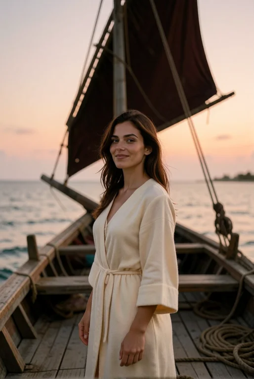 Woman Smile To The Viewer, On A Zanzibar Dhow At Dusk, A Wom...