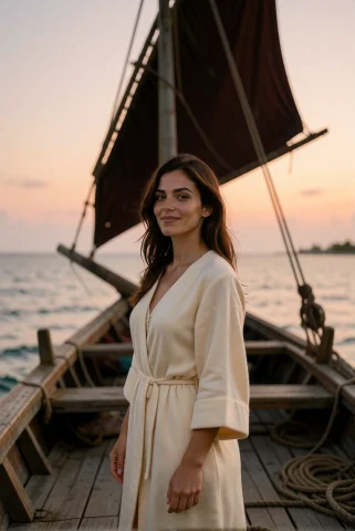 Woman Smile To The Viewer, On A Zanzibar Dhow At Dusk, A Wom... — Stable Diffusion AI Prompt: woman smile to the viewer, On a Zanzibar dhow at dusk, a woman in a cream cashme...