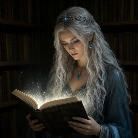 Library, Mystical Woman, Celestial, Reading Enchanted Book,... — Stable Diffusion AI Prompt: Library, mystical woman, celestial, reading enchanted book, glowing, lights, eth...