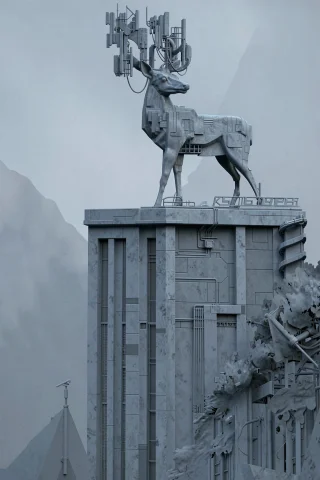 A Large Deer Statue Stands Atop A Tall Building In The Cente... — FLUX AI Prompt: A large deer statue stands atop a tall building in the center of the image, view...