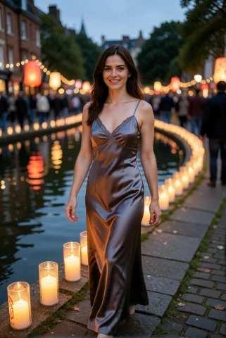 Woman Smile To The Viewer, At The Edge Of A Lantern Festival... — Stable Diffusion AI Prompt: woman smile to the viewer, At the edge of a lantern festival lake, a woman in a...