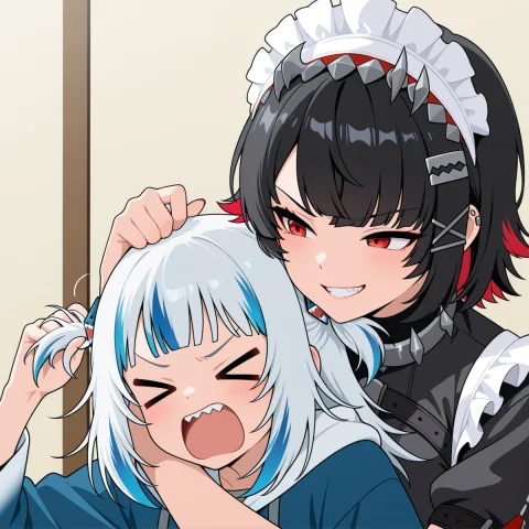 Masterpiece, Best Quality, Anime Coloring, 2girls, Ellen Joe... — Stable Diffusion AI Prompt: masterpiece, best quality, anime coloring, 2girls, ellen joe, gawr gura, grin, >...