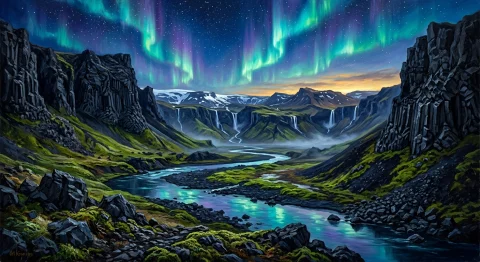 A Cinematic Painterly Landscape Of A Remote Icelandic Volcan... — Stable Diffusion AI Prompt: A cinematic painterly landscape of a remote Icelandic volcanic valley at twiligh...