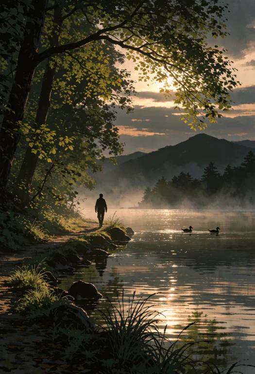Ta86wistfall A Lone Adult Figure Walking Along A Narrow Lake...
