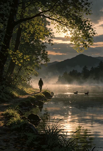 Ta86wistfall A Lone Adult Figure Walking Along A Narrow Lake... — Stable Diffusion AI Prompt: ta86_wistfall a lone adult figure walking along a narrow lakeside path beside a...