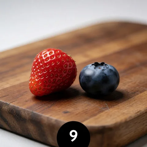 A Minimalist Bright Macro Photograph Of Just Two Berries On... — Stable Diffusion AI Prompt: A minimalist bright macro photograph of just two berries on a rustic wooden cutt...