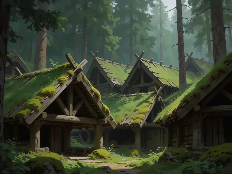 Wooden Houses With Moss Roofs In Misty Pine Forest Village A...