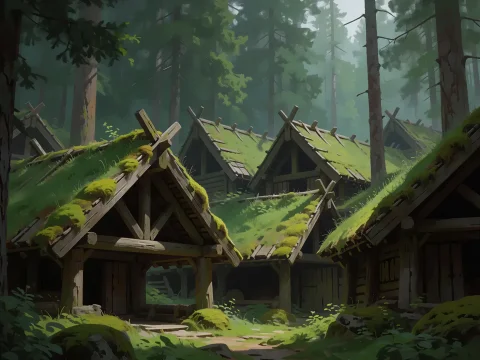 Wooden Houses With Moss Roofs In Misty Pine Forest Village A... — Stable Diffusion AI Prompt: 🏡 wooden houses with moss roofs in misty pine forest village anime style landsc...