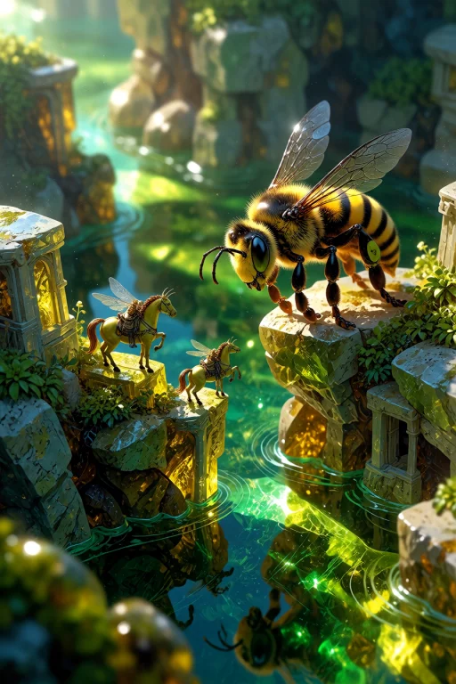 , A Breathtaking Macro Photograph Of A Cute Real Yellow Bee...