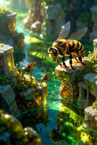 , A Breathtaking Macro Photograph Of A Cute Real Yellow Bee... — Stable Diffusion AI Prompt: , A breathtaking macro photograph of a cute real yellow bee riding a tiny horse...
