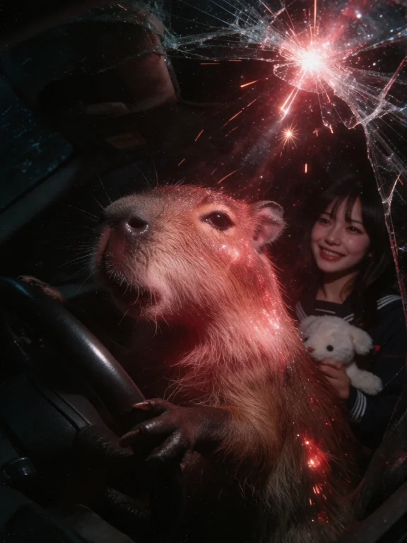 Dynamic Photo Viewed Through A Cracked Windshield Of A Speed...