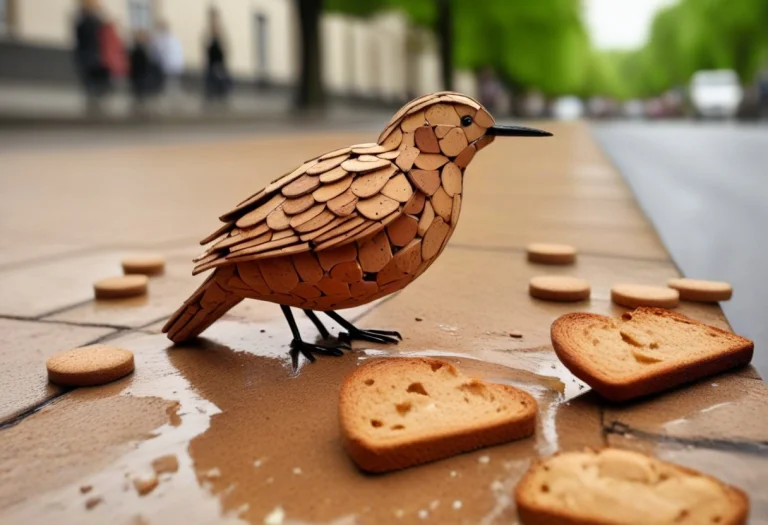 Corkworld, Bird, Rain, City, Street, Bird Eating Bread