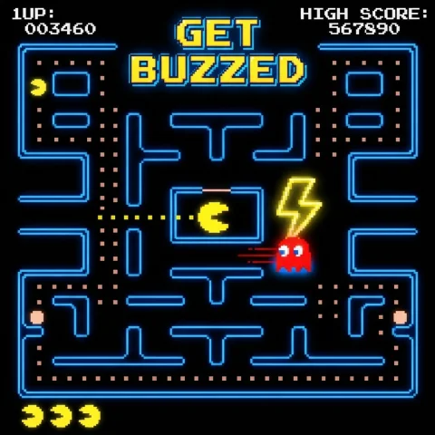 Pac-man Heading Towards The Yellow Lightning Bolt Symbol, 8-... — Stable Diffusion AI Prompt: Pac-Man heading towards the yellow lightning bolt symbol, 8-bit style, red ghost...