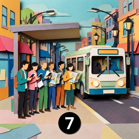 A Bold 2d Paper-cut Composition Of Adults Waiting At A City... — Stable Diffusion AI Prompt: A bold 2D paper-cut composition of adults waiting at a city bus stop under a fla...