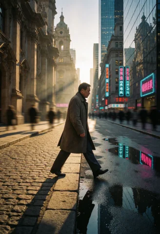A Solitary Pedestrian Mid-stride Crossing A Sharp Temporal T... — Stable Diffusion AI Prompt: A solitary pedestrian mid-stride crossing a sharp temporal threshold, slight for...