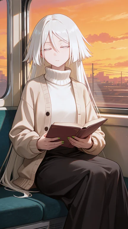 F4ngt4ng, 1girl, Solo, Beige Cardigan, White Turtleneck Swea...