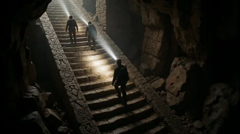 Ntnltrsrbk2007, Three Figures Navigate A Steep, Ancient Ston... — Stable Diffusion AI Prompt: ntnltrsrbk2007, three figures navigate a steep, ancient stone staircase carved w...