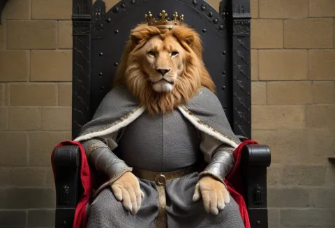 Lion Dressed Like A Medieval King, Sitting On A Throne — SDXL AI Prompt: lion dressed like a medieval king, sitting on a throne
