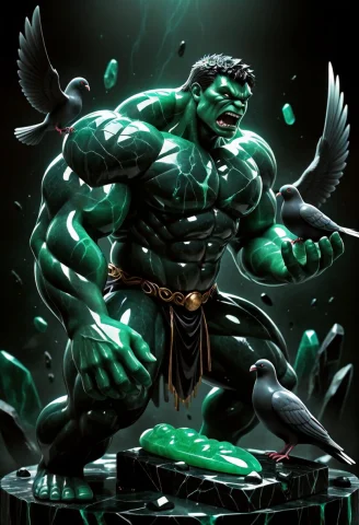 Jade Style World Morph, Hulk Carved From Jade And Obsidian,... — SDXL AI Prompt: Jade Style World Morph, Hulk carved from jade and obsidian, furiously arguing wi...
