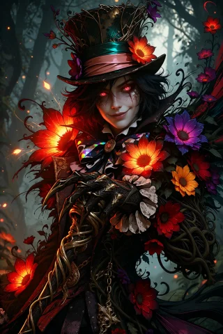 Ta86inkriot, Thin Black Outlines, A 25-year-old Eerie Mad Ha... — Stable Diffusion AI Prompt: ta86_inkriot, thin black outlines, A 25-year-old eerie Mad Hatter figure with pa...