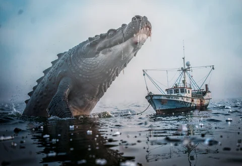 A Leviathan Surfacing Beside A Lone Fishing Boat, Misty Ligh... — Stable Diffusion AI Prompt: a leviathan surfacing beside a lone fishing boat, misty light, f1.8 aperture, di...