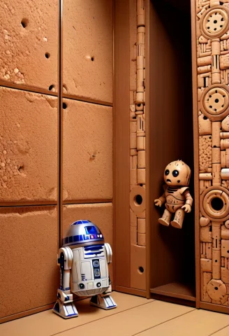 Corkworld, C-3po And R2-d2 Stuck In A Cork Elevator That Squ... — SDXL AI Prompt: corkworld, C-3PO and R2-D2 stuck in a cork elevator that squeaks with every floo...