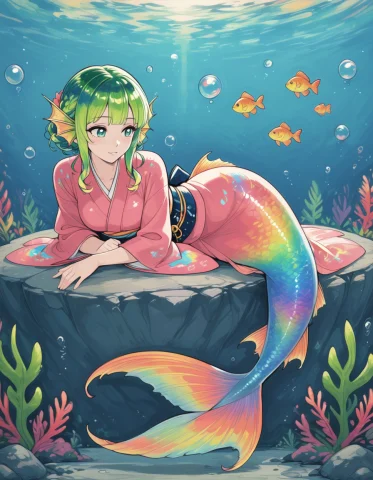 Loraimpression Stl1ogstyle Mermaid, Lying On A Rock, Relaxin... — Stable Diffusion AI Prompt: ogstyle mermaid, lying on a rock, relaxing, resting, touching algae, 1girl, kimo...
