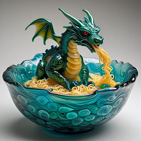 Made With Fused Glass, A Tiny Fantasy Dragon Struggling To E... — SDXL AI Prompt: Made with Fused Glass, a tiny fantasy dragon struggling to eat an enormous bowl...