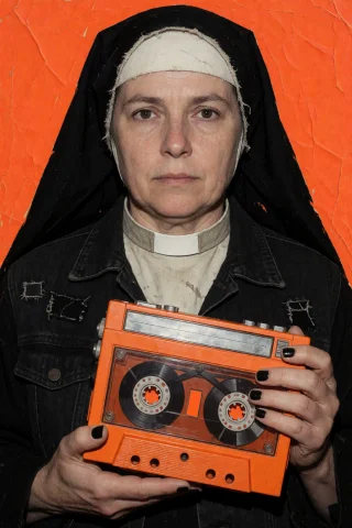 A Formidable Adult Punk Abbess Fills A Close Vertical Portra... — Stable Diffusion AI Prompt: A formidable adult punk abbess fills a close vertical portrait. Cropped black ha...
