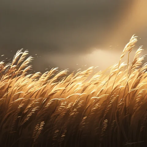 A Wheat Field Rippling Under A Summer Breeze, Rim Lighting,... — Stable Diffusion AI Prompt: a wheat field rippling under a summer breeze, rim lighting, golden ratio composi...