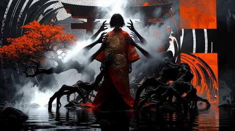 Subject And Action A Lady, Not A Purple One. She Wears A Red... — Stable Diffusion AI Prompt: Subject and Action A lady, not a purple one. She wears a red silk kimono adorned...