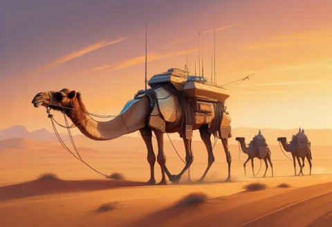 A Futuristic Desert Ship Dragged By Camels Across A Desert P... — SDXL AI Prompt: a futuristic desert ship dragged by camels across a desert plain, twilight golde...