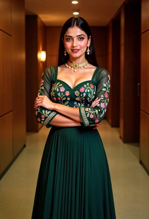 A South Asian Woman Standing With Arms Crossed In An Elegant...