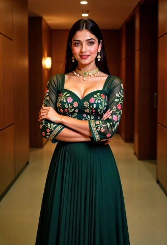 A South Asian Woman Standing With Arms Crossed In An Elegant... — FLUX AI Prompt: A South Asian woman standing with arms crossed in an elegant modern hall with da...