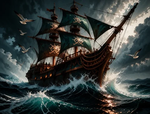 A Majestic Vintage Copper Metal Pirate Ship, Heavily Detaile... — Stable Diffusion AI Prompt: A majestic vintage Copper metal pirate ship, heavily detailed with oxidized verd...
