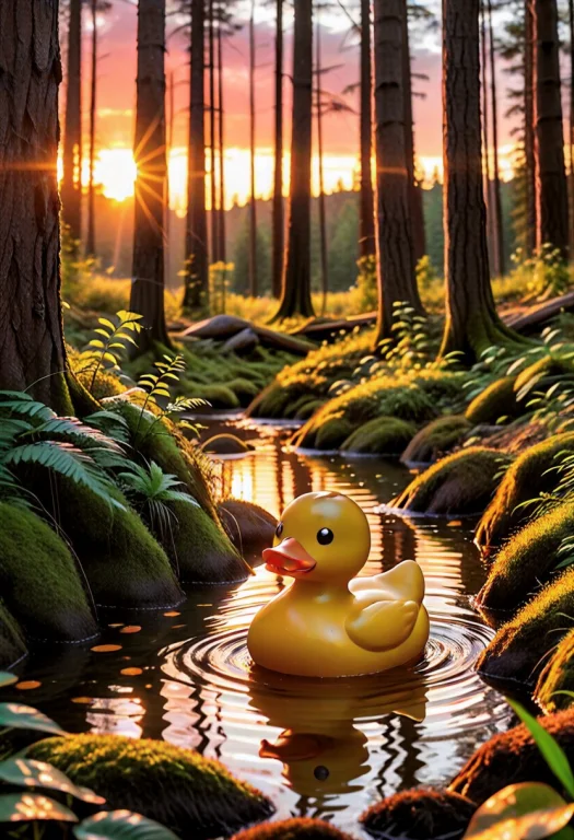 A Rubber Duck In The Forest At Sunset.